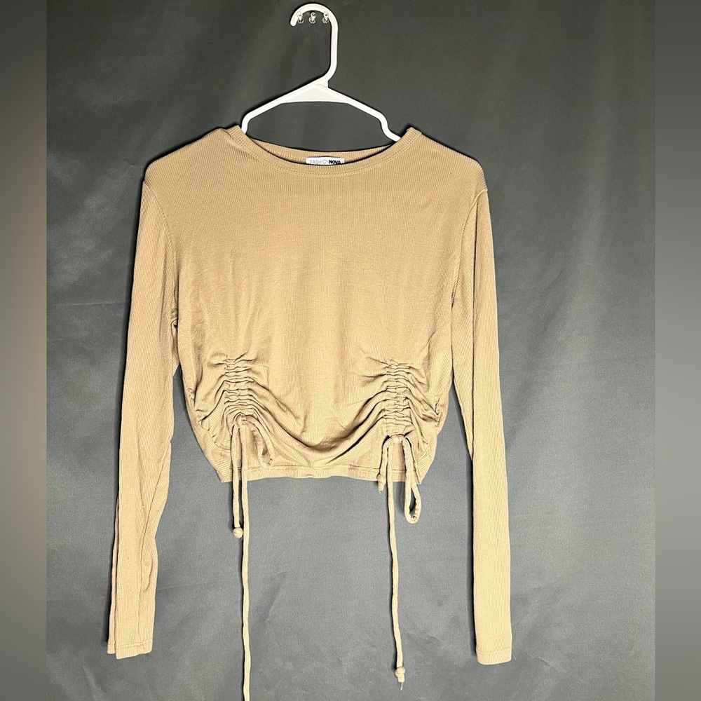Fashion Nova Camel Ruched Long Sleeve Top